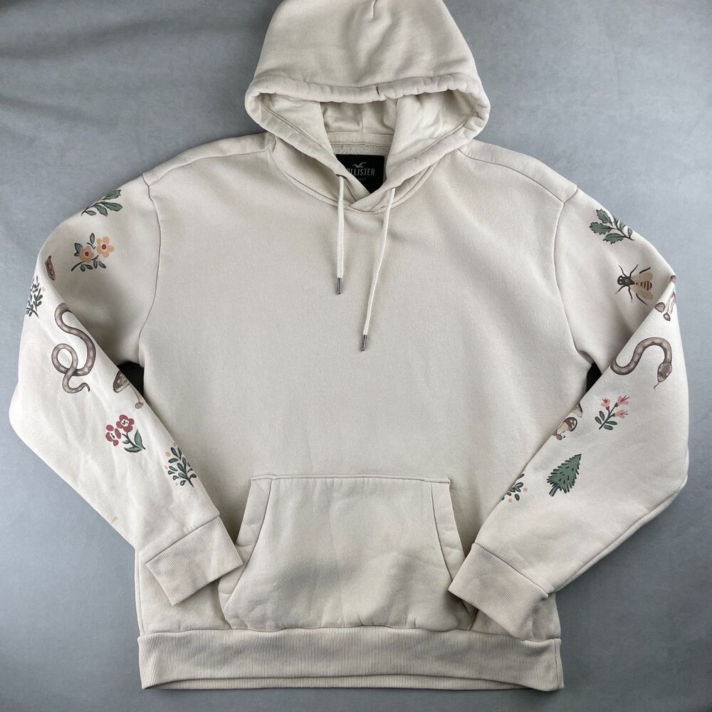 Hollister Hoodie Women M Cream Relaxed Fit Snake Floral Nature Graphic Pullover